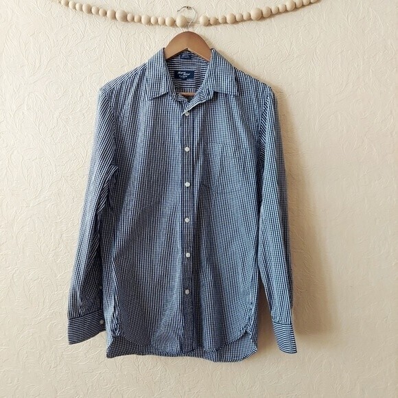 J. Crew Thompson Shirtings 80's 2 Ply Gingham Plaid Blue Button Down Sz Medium - Picture 1 of 8